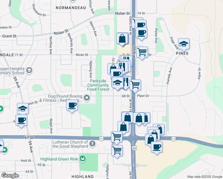 map of restaurants, bars, coffee shops, grocery stores, and more near 6822 52 Avenue in Red Deer