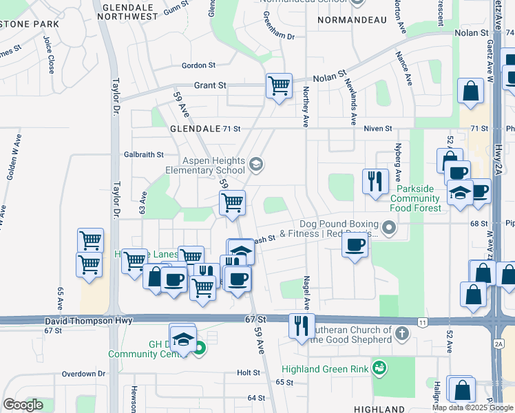 map of restaurants, bars, coffee shops, grocery stores, and more near 69 Neville Close in Red Deer