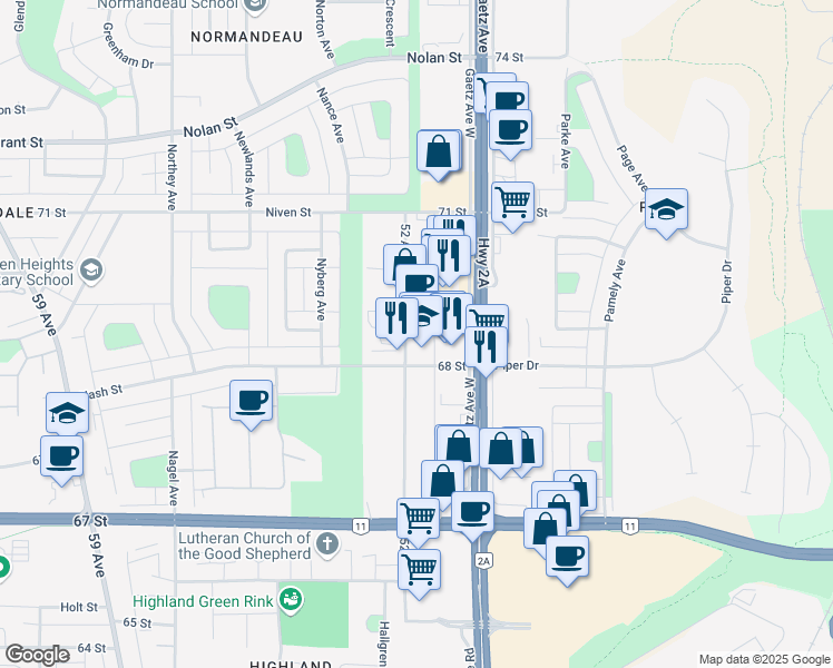 map of restaurants, bars, coffee shops, grocery stores, and more near 6822 52 Avenue in Red Deer
