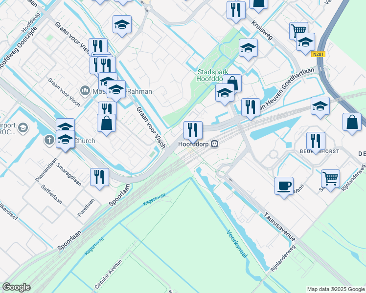 map of restaurants, bars, coffee shops, grocery stores, and more near 1 Mercuriusplein in Hoofddorp