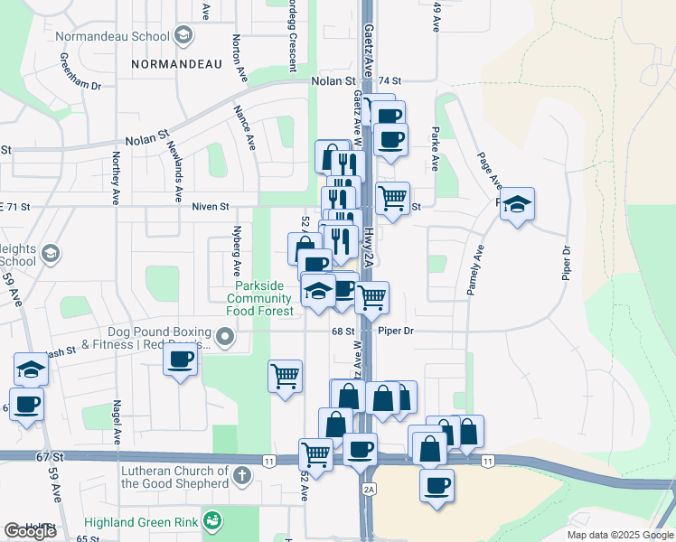 map of restaurants, bars, coffee shops, grocery stores, and more near 6858 Gaetz Avenue in Red Deer