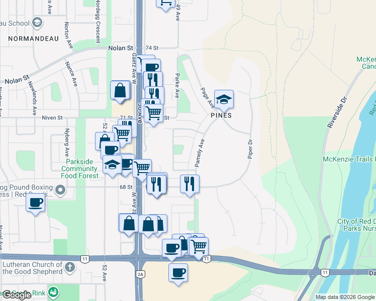map of restaurants, bars, coffee shops, grocery stores, and more near 46 Patterson Crescent in Red Deer
