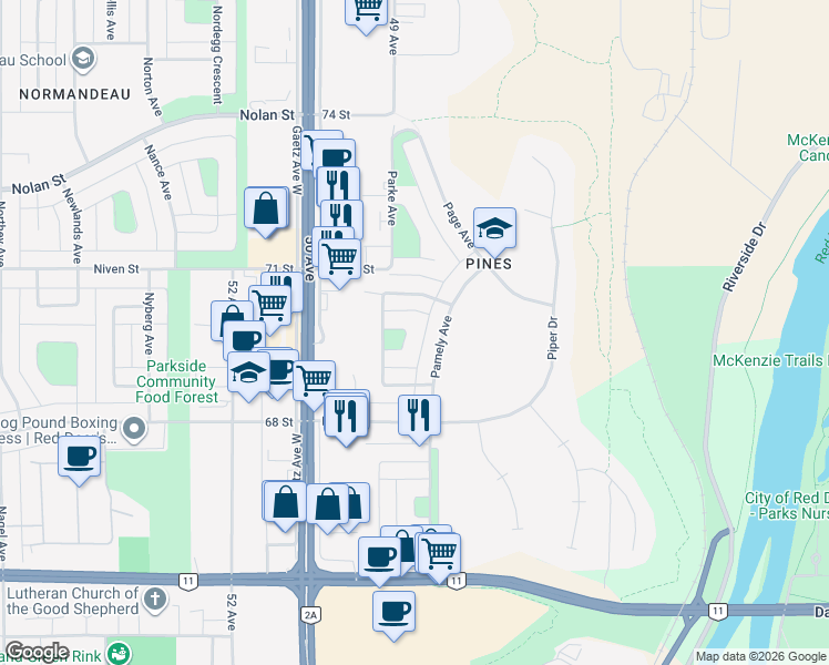 map of restaurants, bars, coffee shops, grocery stores, and more near 46 Patterson Crescent in Red Deer