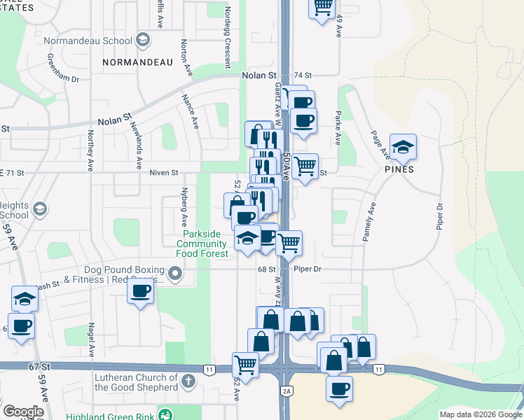 map of restaurants, bars, coffee shops, grocery stores, and more near 6858 Gaetz Avenue in Red Deer
