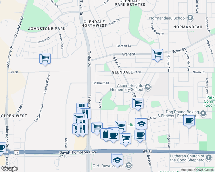 map of restaurants, bars, coffee shops, grocery stores, and more near 6213 Galbraith Street in Red Deer