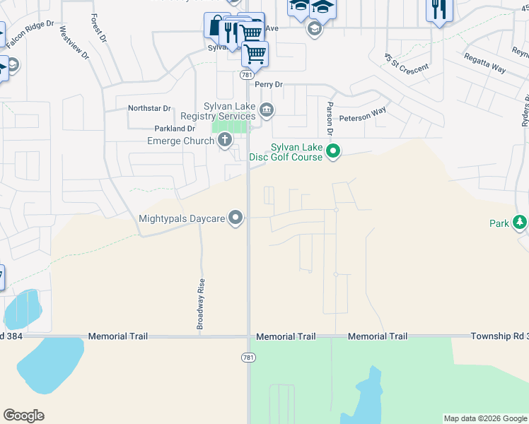 map of restaurants, bars, coffee shops, grocery stores, and more near 2 Beacon Hill Drive in Sylvan Lake
