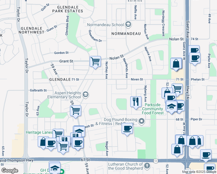 map of restaurants, bars, coffee shops, grocery stores, and more near 63 Northey Avenue in Red Deer