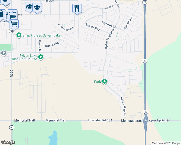 map of restaurants, bars, coffee shops, grocery stores, and more near 14 VanVeller Way in Sylvan Lake