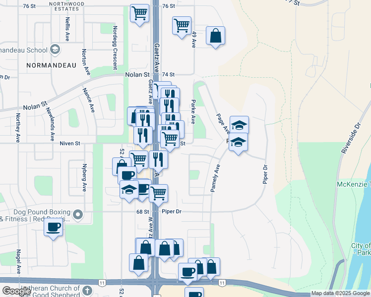 map of restaurants, bars, coffee shops, grocery stores, and more near 79 Patterson Crescent in Red Deer