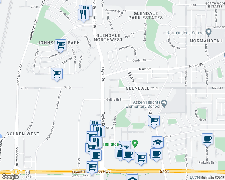 map of restaurants, bars, coffee shops, grocery stores, and more near 7050 Gray Drive in Red Deer