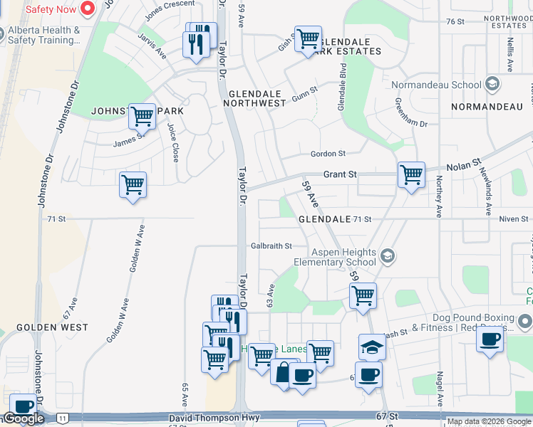 map of restaurants, bars, coffee shops, grocery stores, and more near 7124 Gray Drive in Red Deer