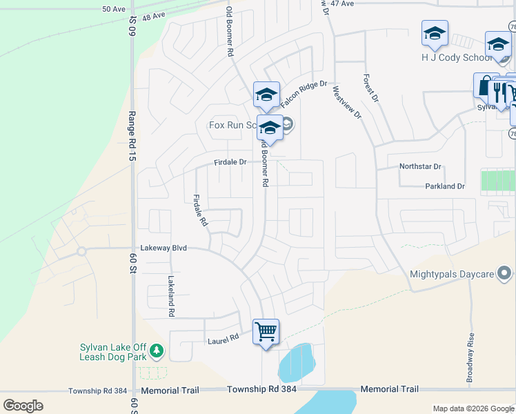 map of restaurants, bars, coffee shops, grocery stores, and more near 9 Fir Close in Sylvan Lake
