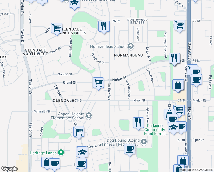 map of restaurants, bars, coffee shops, grocery stores, and more near 104 Northey Avenue in Red Deer