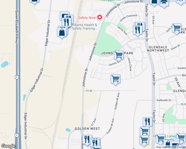 map of restaurants, bars, coffee shops, grocery stores, and more near 20 Jacobs Close in Red Deer