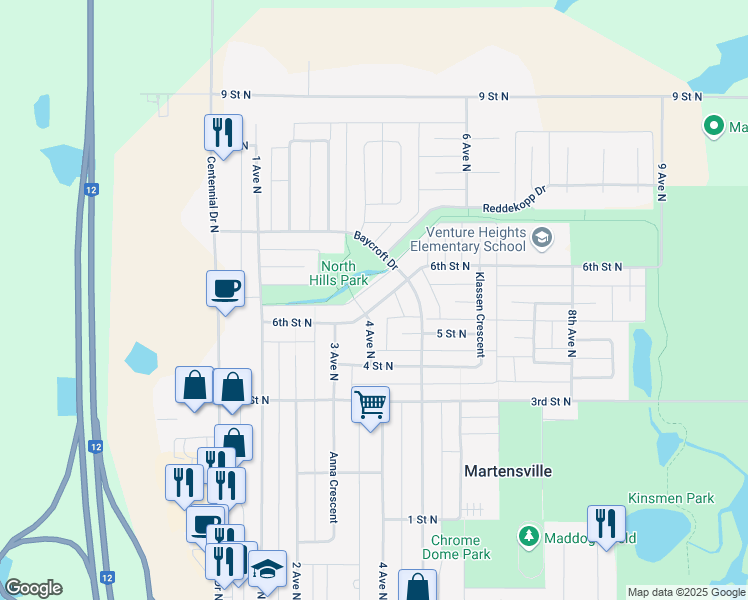 map of restaurants, bars, coffee shops, grocery stores, and more near 408 6th Street North in Martensville