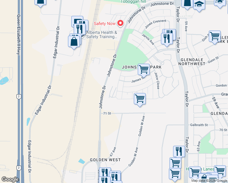 map of restaurants, bars, coffee shops, grocery stores, and more near 20 Jacobs Close in Red Deer