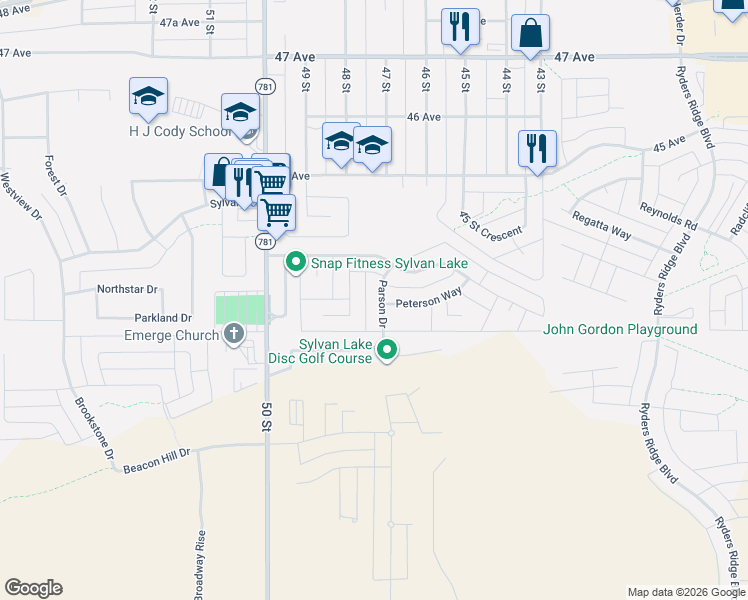 map of restaurants, bars, coffee shops, grocery stores, and more near 31 Palmer Close in Sylvan Lake