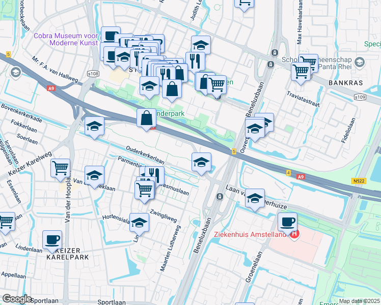 map of restaurants, bars, coffee shops, grocery stores, and more near 30 Burgemeester Rijnderslaan in Amstelveen