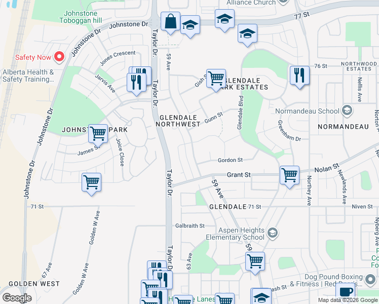 map of restaurants, bars, coffee shops, grocery stores, and more near 7372 59 Avenue in Red Deer
