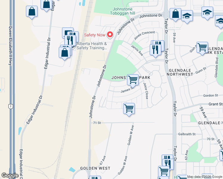 map of restaurants, bars, coffee shops, grocery stores, and more near 41 Jacobs Close in Red Deer