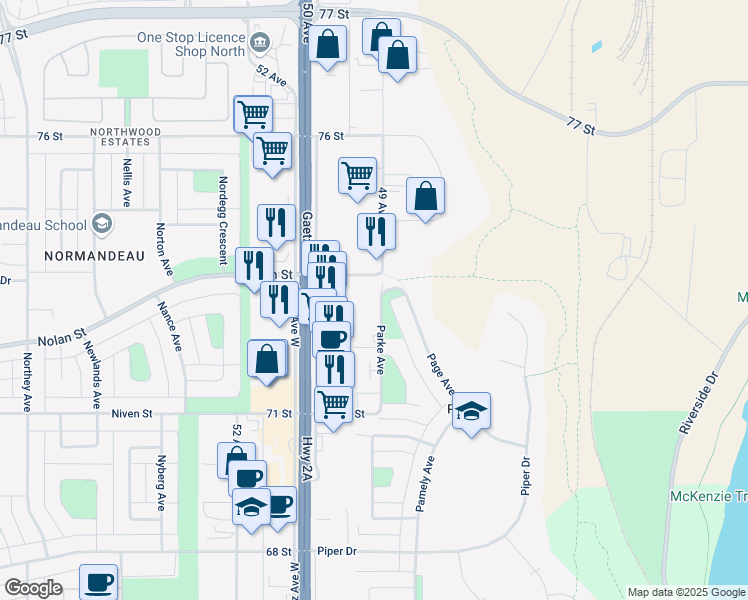 map of restaurants, bars, coffee shops, grocery stores, and more near 7180 A Parke Avenue in Red Deer