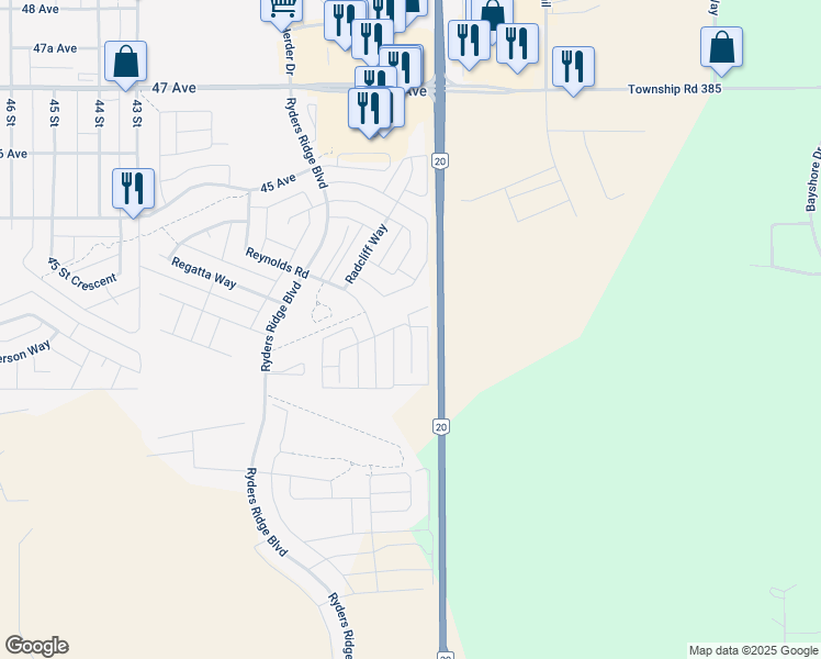 map of restaurants, bars, coffee shops, grocery stores, and more near 44 Reid Court in Division No. 8