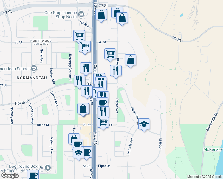 map of restaurants, bars, coffee shops, grocery stores, and more near 7180 A Parke Avenue in Red Deer