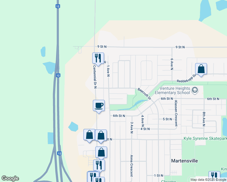 map of restaurants, bars, coffee shops, grocery stores, and more near 120 Baycroft Drive in Martensville