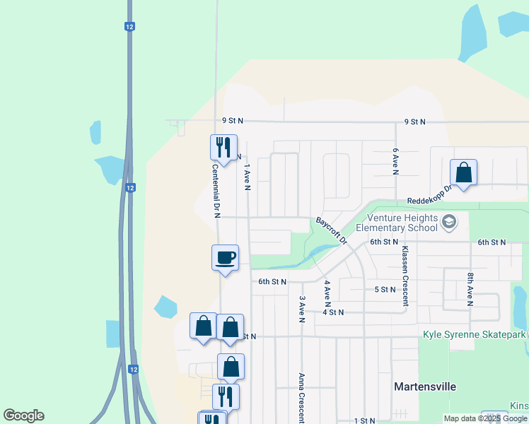 map of restaurants, bars, coffee shops, grocery stores, and more near 120 Baycroft Drive in Martensville