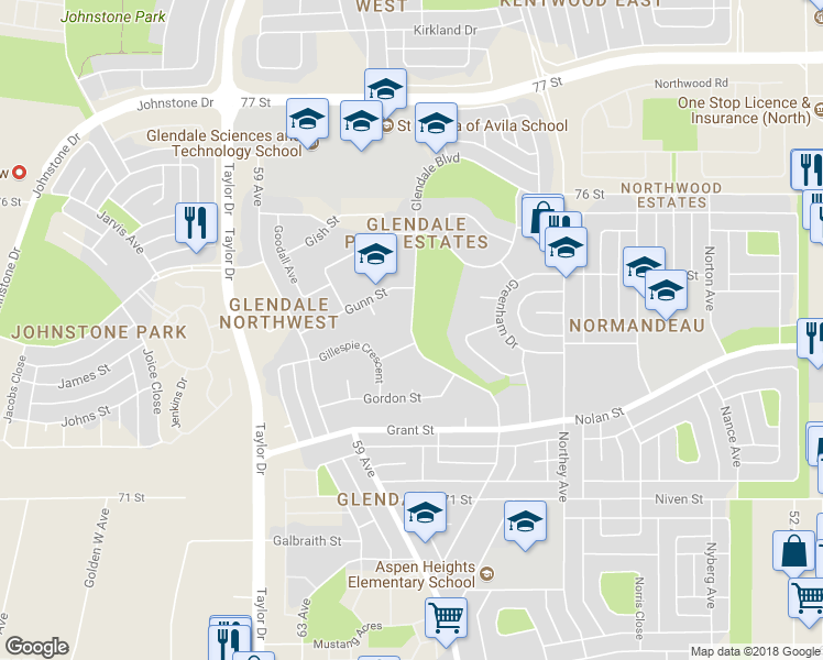 map of restaurants, bars, coffee shops, grocery stores, and more near Glendale Boulevard in Red Deer