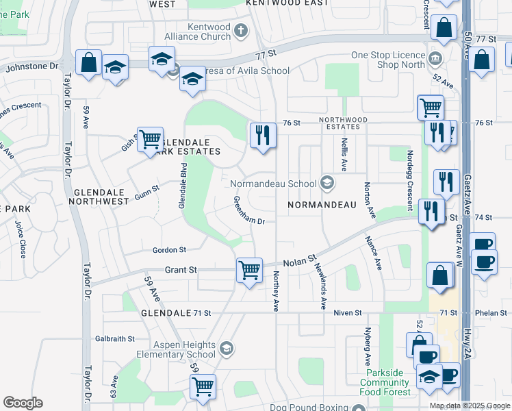 map of restaurants, bars, coffee shops, grocery stores, and more near 35 A Gibson Close in Red Deer