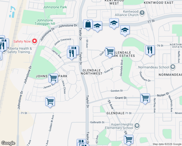 map of restaurants, bars, coffee shops, grocery stores, and more near 30 Goodall Avenue in Red Deer
