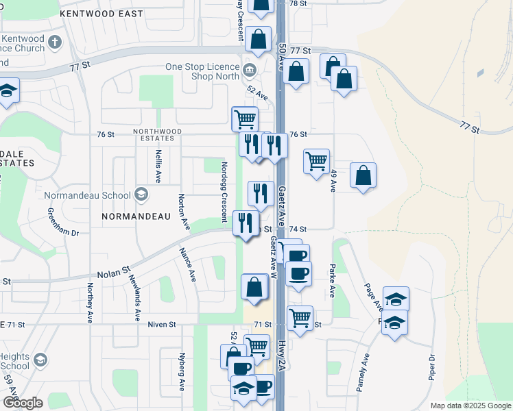 map of restaurants, bars, coffee shops, grocery stores, and more near 7424 50 Avenue in Red Deer
