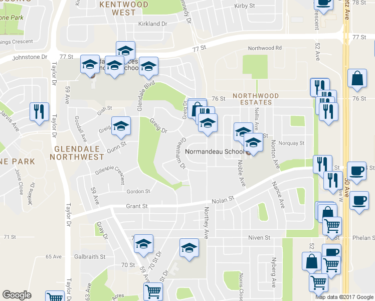 map of restaurants, bars, coffee shops, grocery stores, and more near 35 A Gibson Close in Red Deer