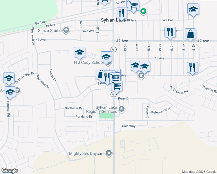 map of restaurants, bars, coffee shops, grocery stores, and more near 1 Sylvan Drive in Sylvan Lake
