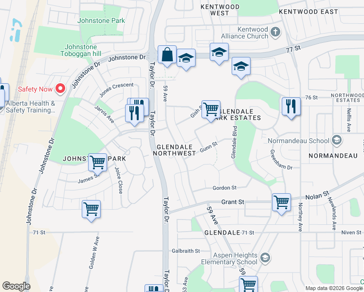 map of restaurants, bars, coffee shops, grocery stores, and more near 30 Goodall Avenue in Red Deer