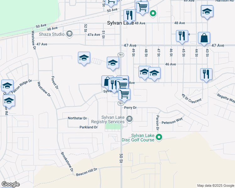 map of restaurants, bars, coffee shops, grocery stores, and more near 1 Sylvan Drive in Sylvan Lake