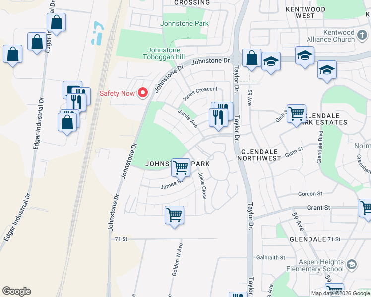 map of restaurants, bars, coffee shops, grocery stores, and more near 78 Jewell Street in Red Deer