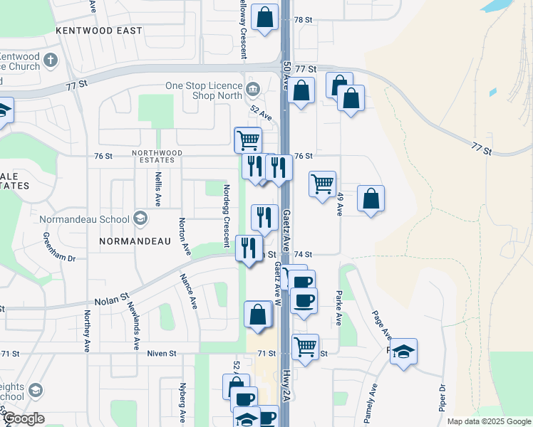 map of restaurants, bars, coffee shops, grocery stores, and more near 7424 50 Avenue in Red Deer