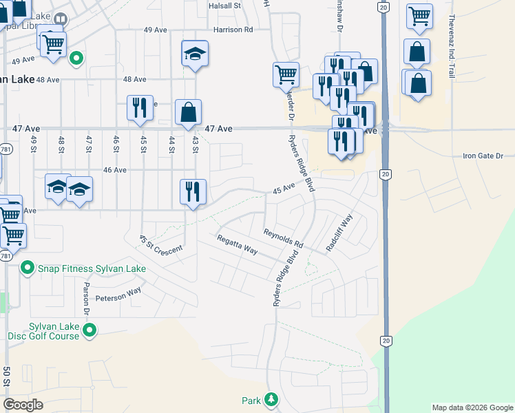 map of restaurants, bars, coffee shops, grocery stores, and more near 6 Reynolds Road in Sylvan Lake