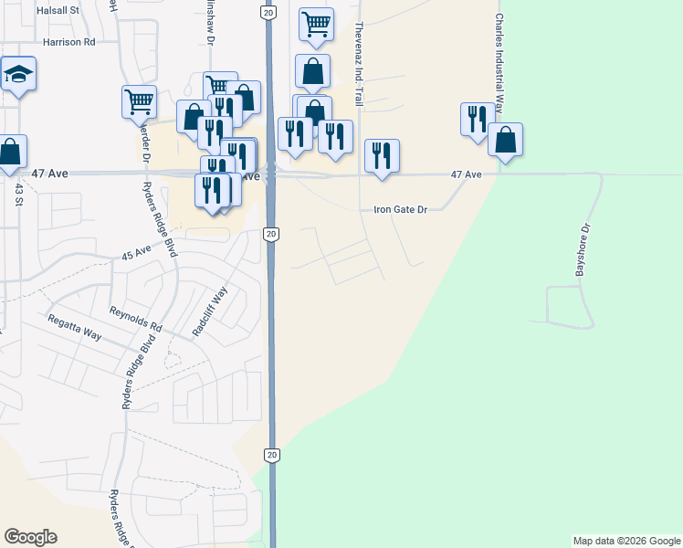 map of restaurants, bars, coffee shops, grocery stores, and more near 2 Irvin Way in Sylvan Lake