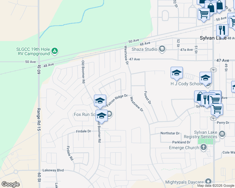 map of restaurants, bars, coffee shops, grocery stores, and more near 5 Falcon View Place in Sylvan Lake