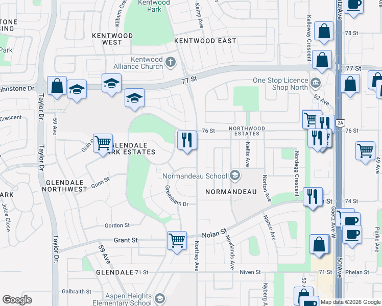 map of restaurants, bars, coffee shops, grocery stores, and more near 202 Northey Avenue in Red Deer