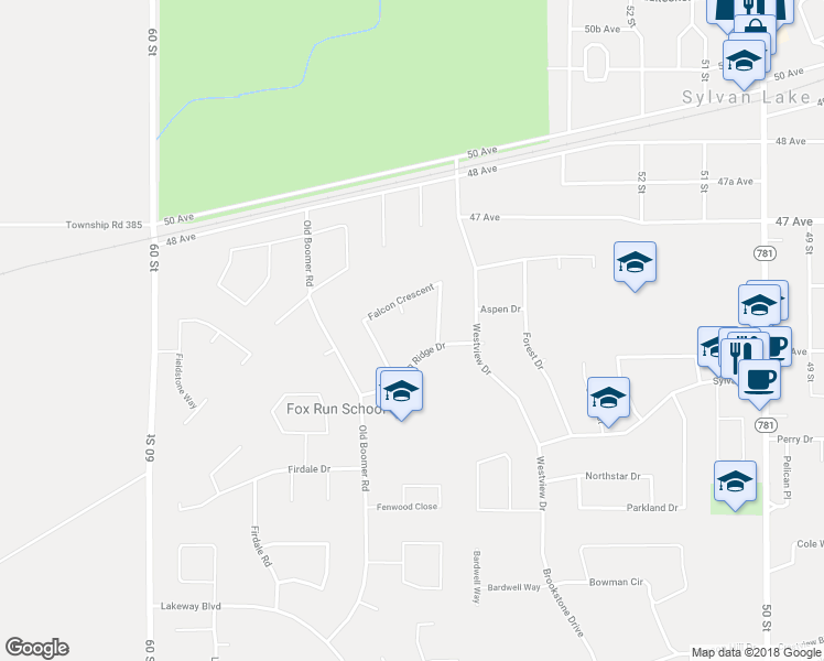 map of restaurants, bars, coffee shops, grocery stores, and more near 5 Falcon View Place in Sylvan Lake