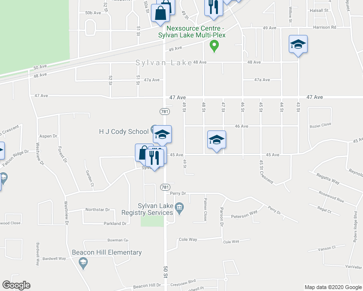 map of restaurants, bars, coffee shops, grocery stores, and more near 4510 49 Street in Sylvan Lake