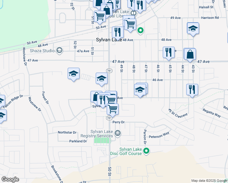 map of restaurants, bars, coffee shops, grocery stores, and more near 4510 49 Street in Sylvan Lake