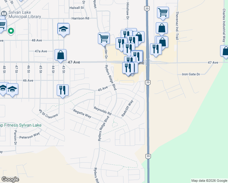map of restaurants, bars, coffee shops, grocery stores, and more near 3 Rogers Road in Sylvan Lake