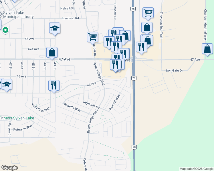 map of restaurants, bars, coffee shops, grocery stores, and more near 3 Rogers Road in Sylvan Lake