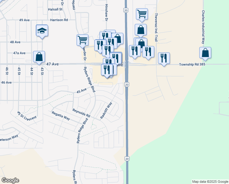 map of restaurants, bars, coffee shops, grocery stores, and more near 30 Ross Close in Sylvan Lake