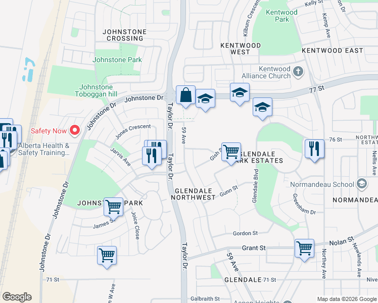 map of restaurants, bars, coffee shops, grocery stores, and more near 92 Goodall Avenue in Red Deer